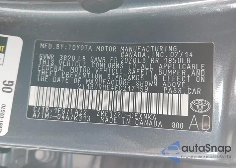 2014 Toyota Corolla Le Premium from USA, damaged, VIN 2T1BURHE4EC217159